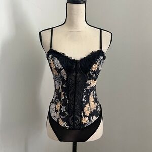 Free People Floral Lace Corset Bodysuit sz Small Black Gold Underwire Fairygoth